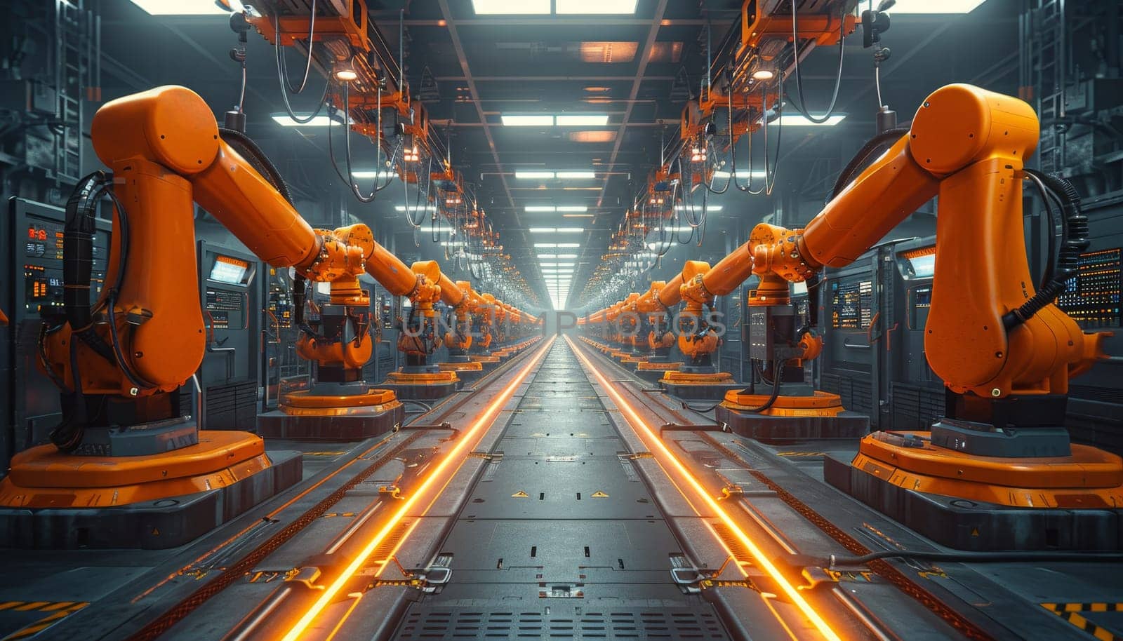 A factory with many robots in orange by AI generated image.