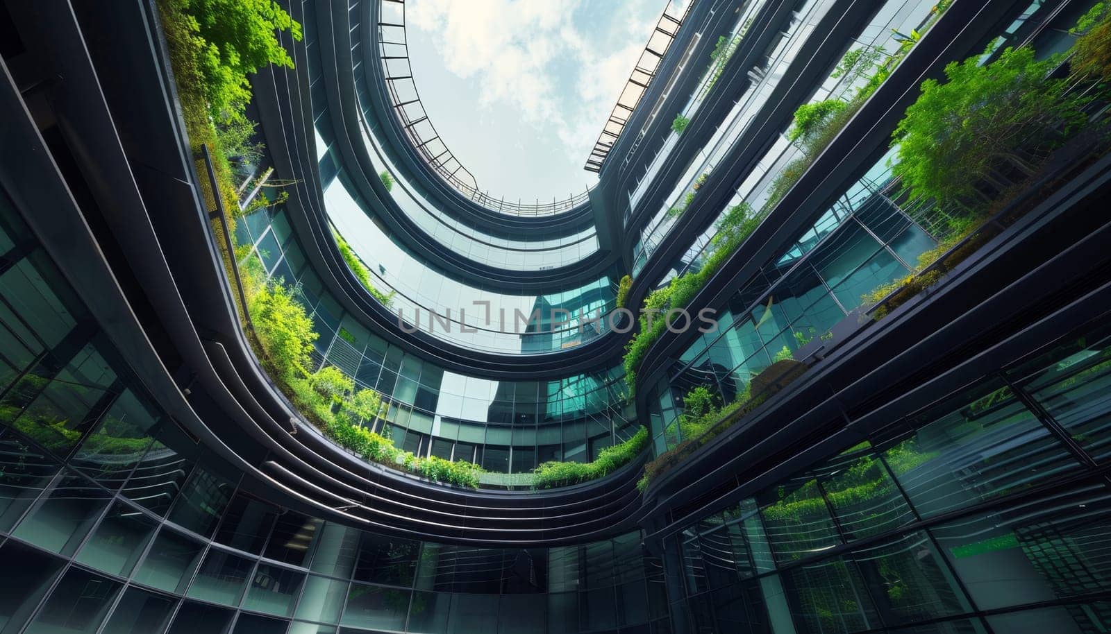 A large building with a lot of glass windows and a green roof by AI generated image by wichayada
