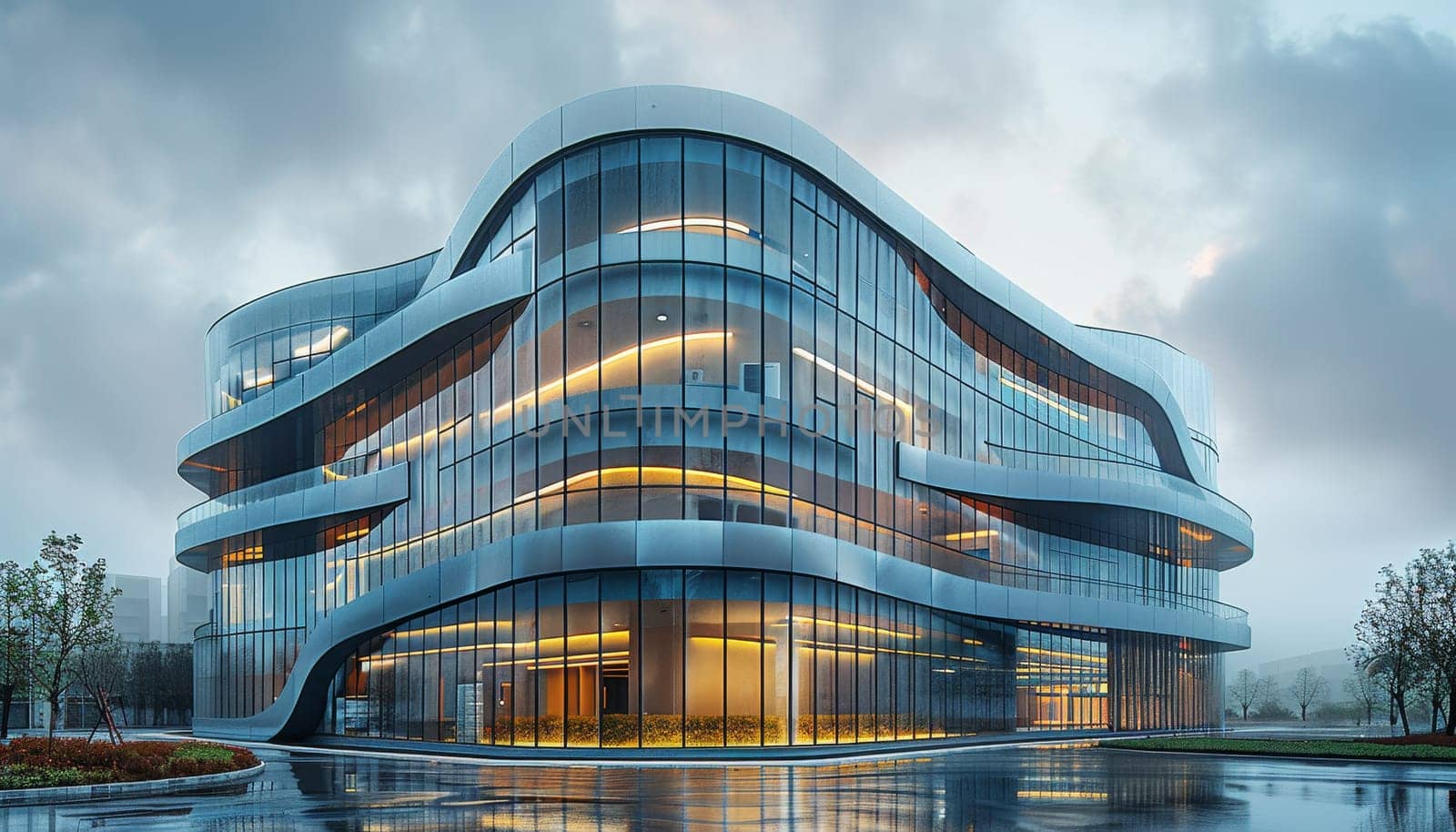 A large building with a curved facade and many windows by AI generated image by wichayada