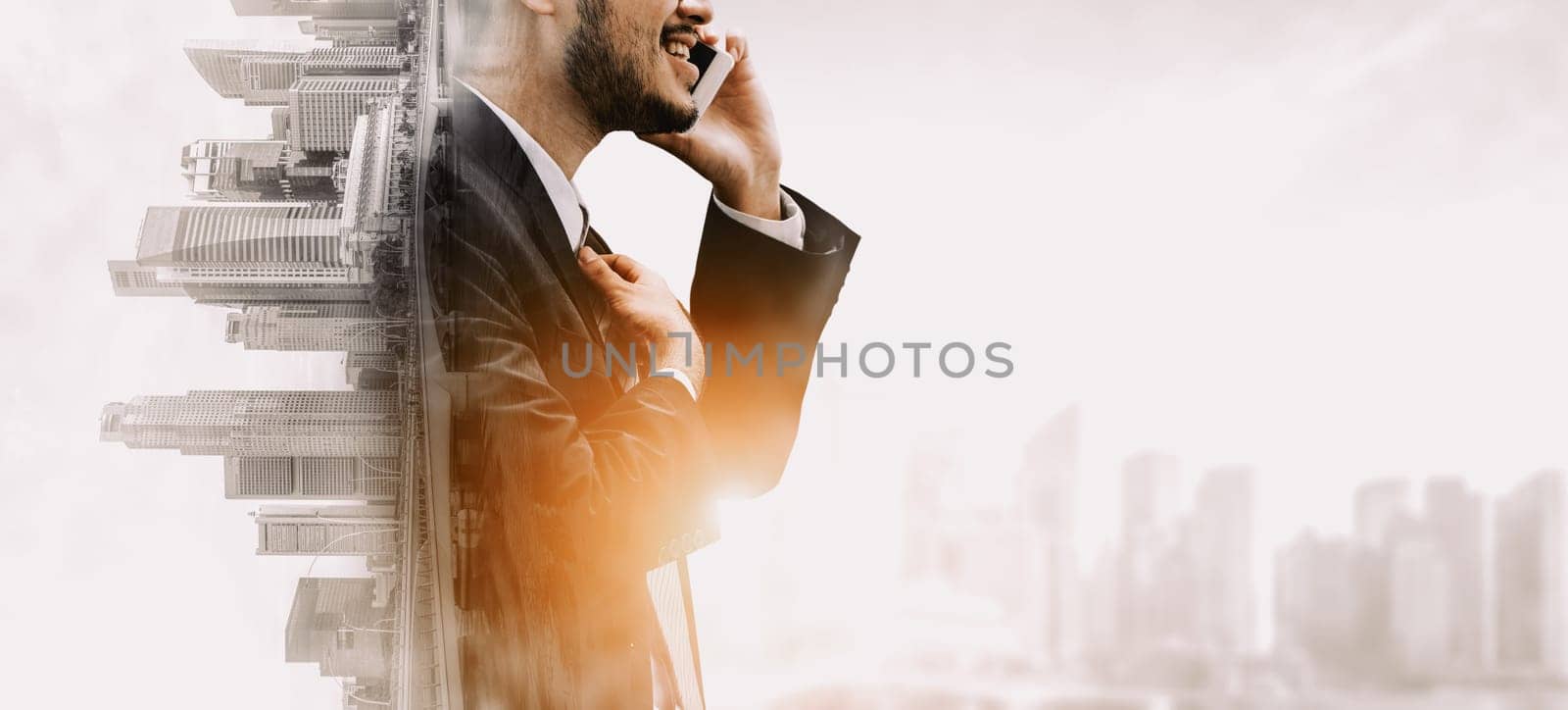 Double Exposure Image of Business Communication Network Technology Concept - Business people using smartphone or mobile phone device on modern cityscape background. uds