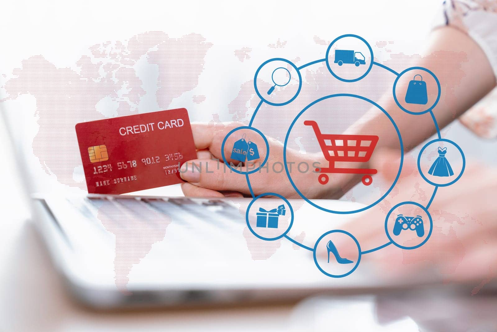 User open e-commerce application by laptop use credit card shopping. Cybercash. by biancoblue