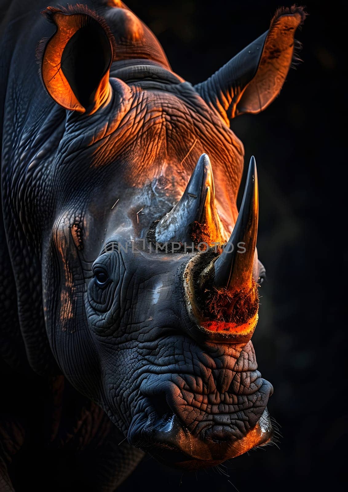 A detailed painting of a rhinoceross face captures its textured jawline, wrinkled snout, and majestic horn in electric blue hues against a dark background