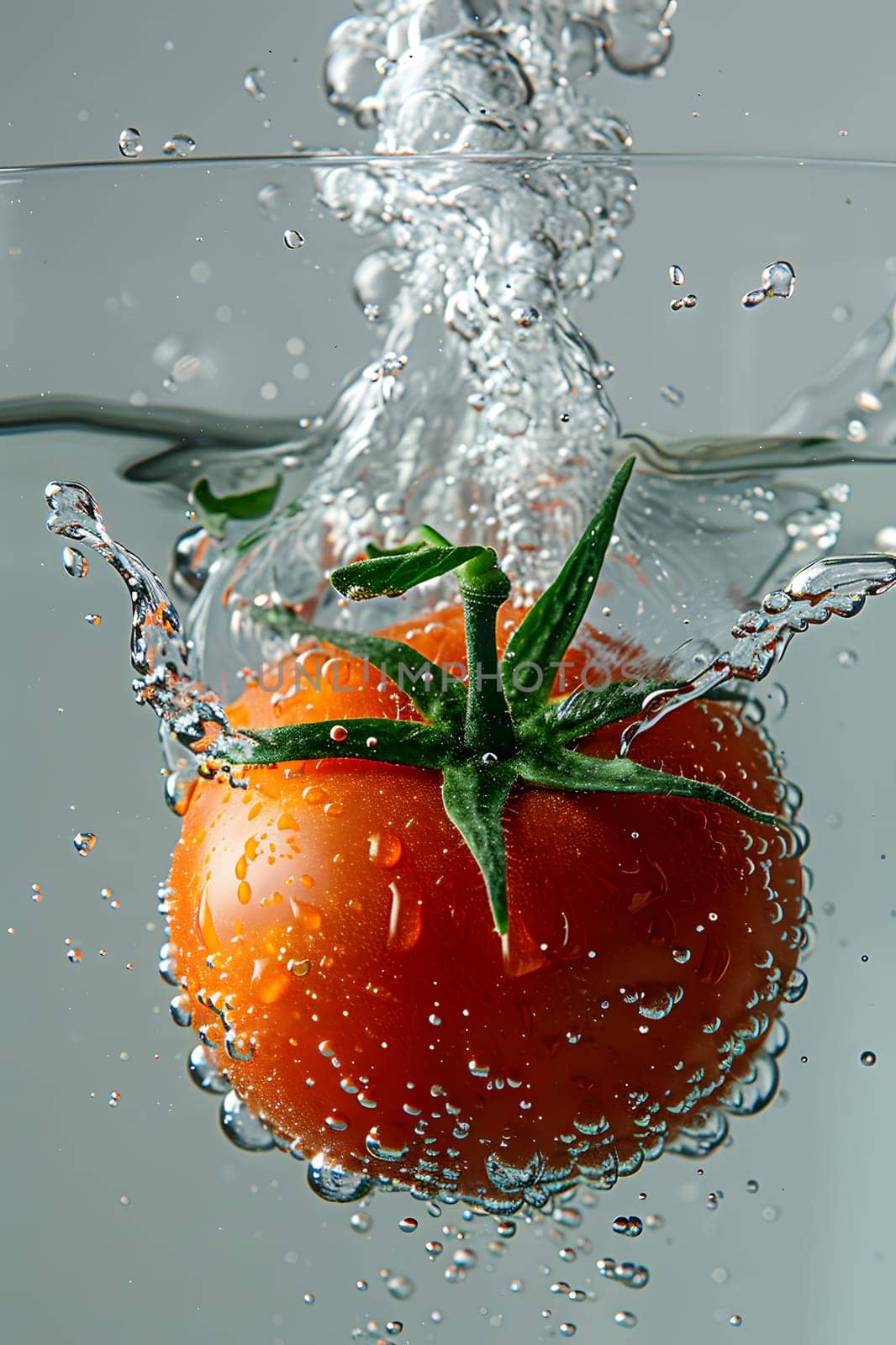 A ripe tomato is plopping into a refreshing glass of water, creating a splash. The vibrant red fruit resembles a Christmas ornament as it mixes with the liquid