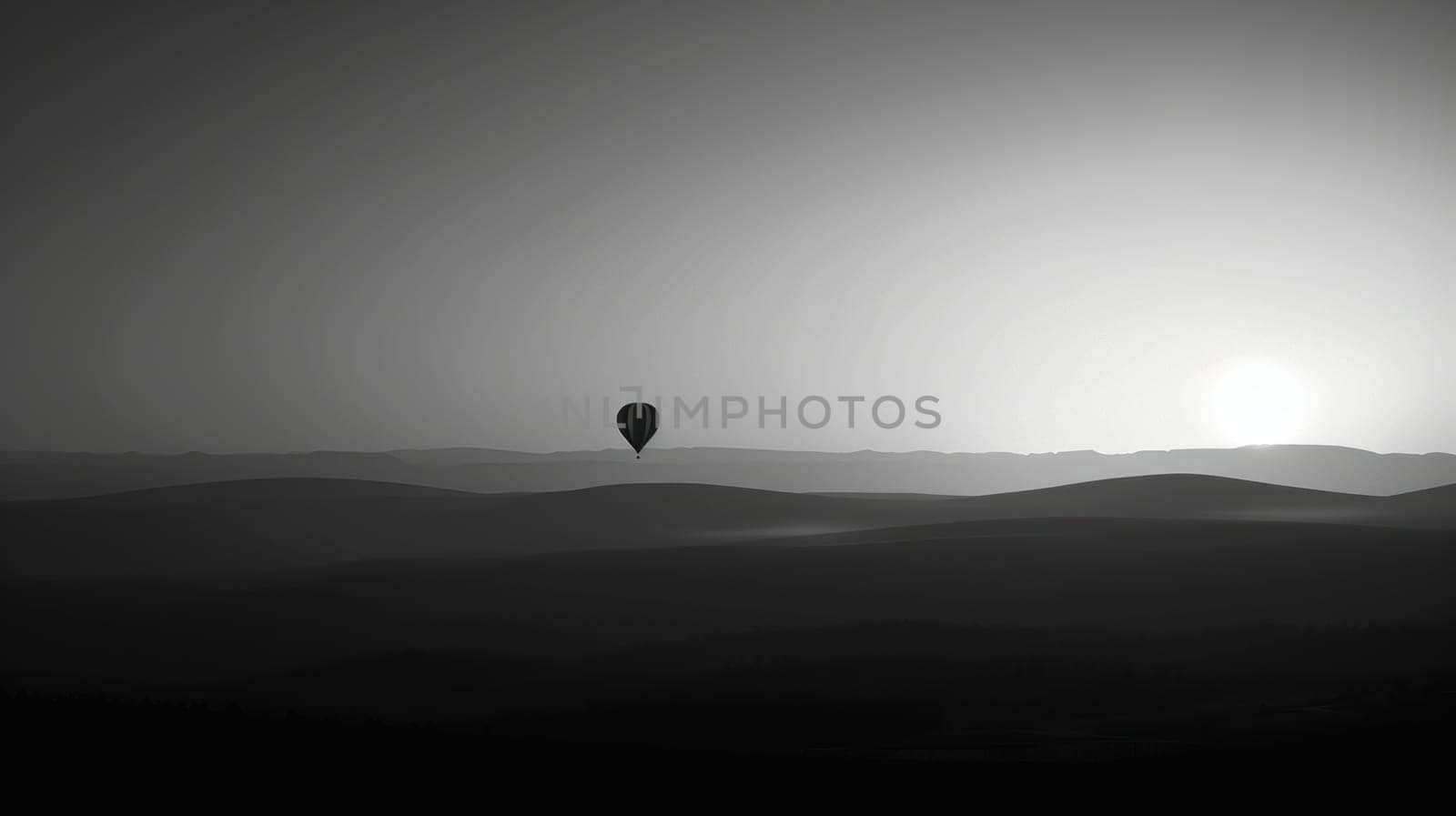 A hot air balloon is floating in the sky above a vast, empty field by golfmerrymaker