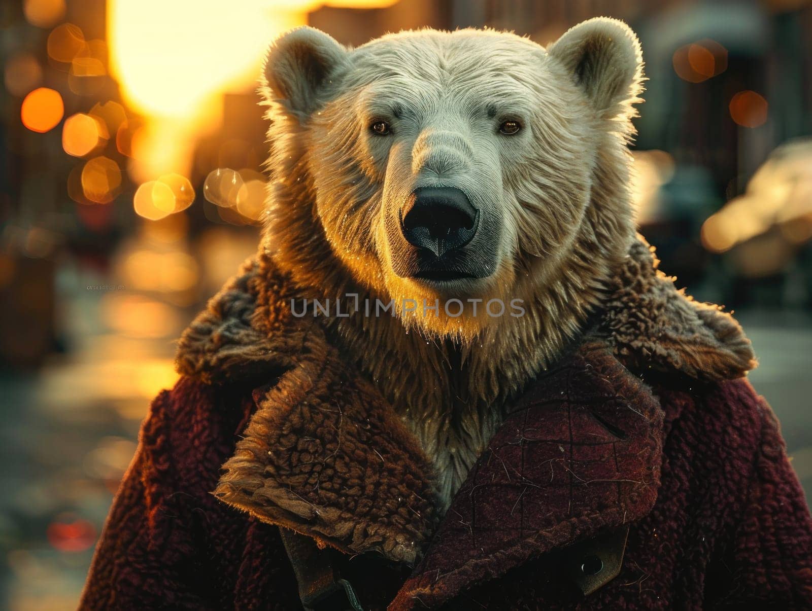 A bear wearing a red coat and a brown fur hat. The bear is looking at the camera