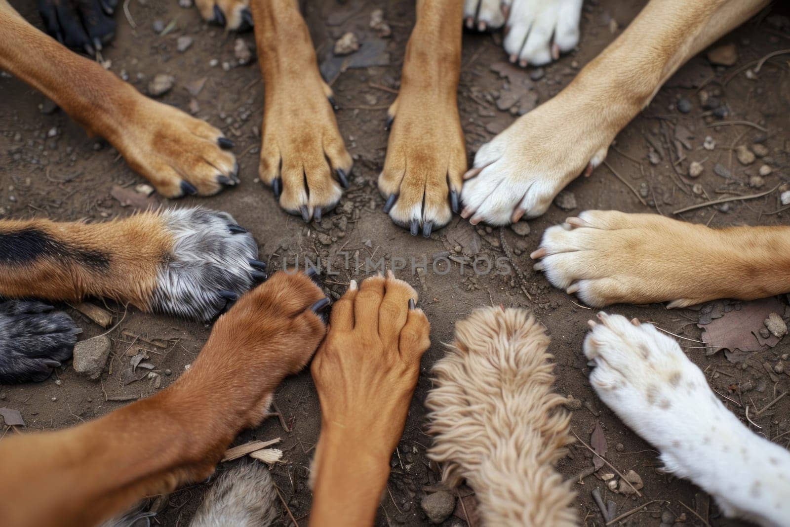 A photo of the paws of several dogs in the center, symbolizing teamwork.
