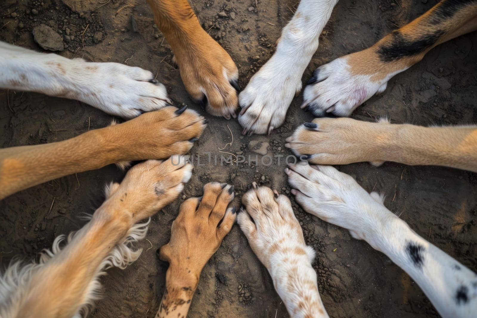 A photo of the paws of several dogs in the center, symbolizing teamwork by golfmerrymaker