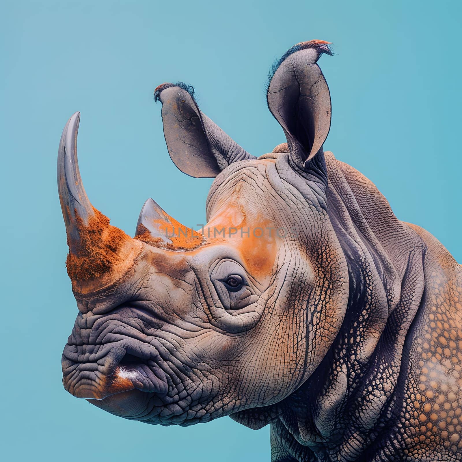 A closeup of a black rhinoceros showcasing its hair, head, eye, and jaw against a vibrant blue sky background