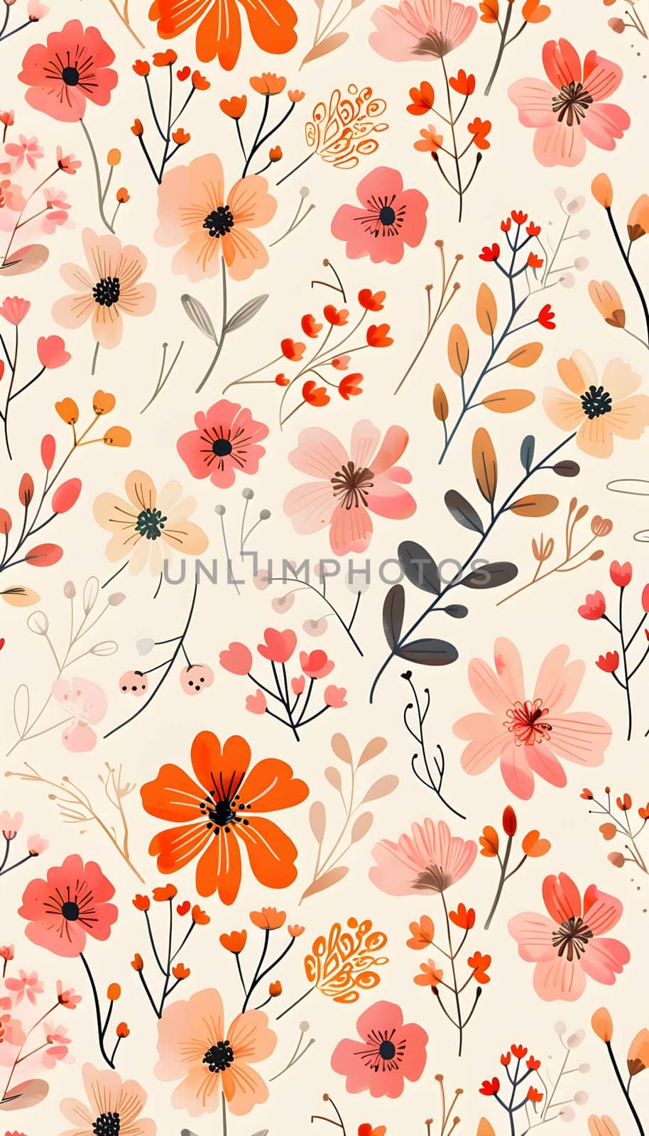 A creative textile motif showcasing a seamless pattern of pink and orange flowers on a white background. This art piece beautifully combines the vibrant colors of nature into a stunning design