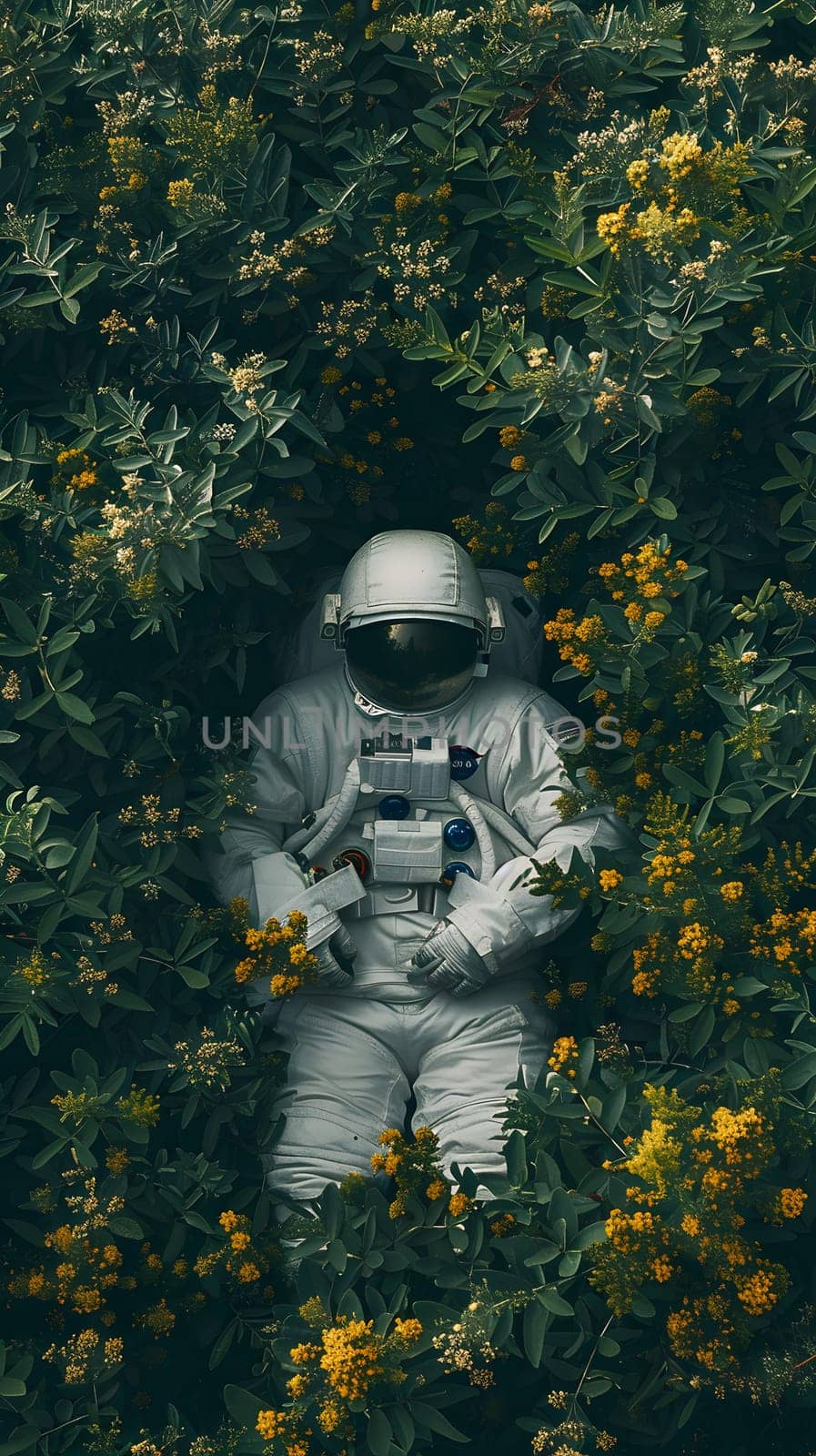 A fictional character astronaut is resting in a yellow flower bush, wearing personal protective equipment and gazing at the forest landscape