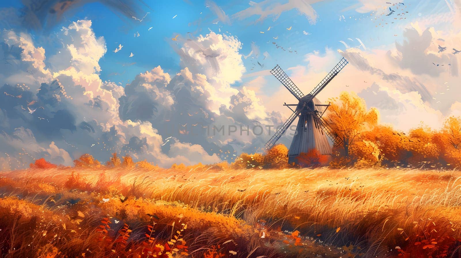 An elegant windmill stands tall in the midst of a wheat field, with fluffy clouds drifting in the blue sky above. The natural landscape is a perfect canvas for a picturesque painting