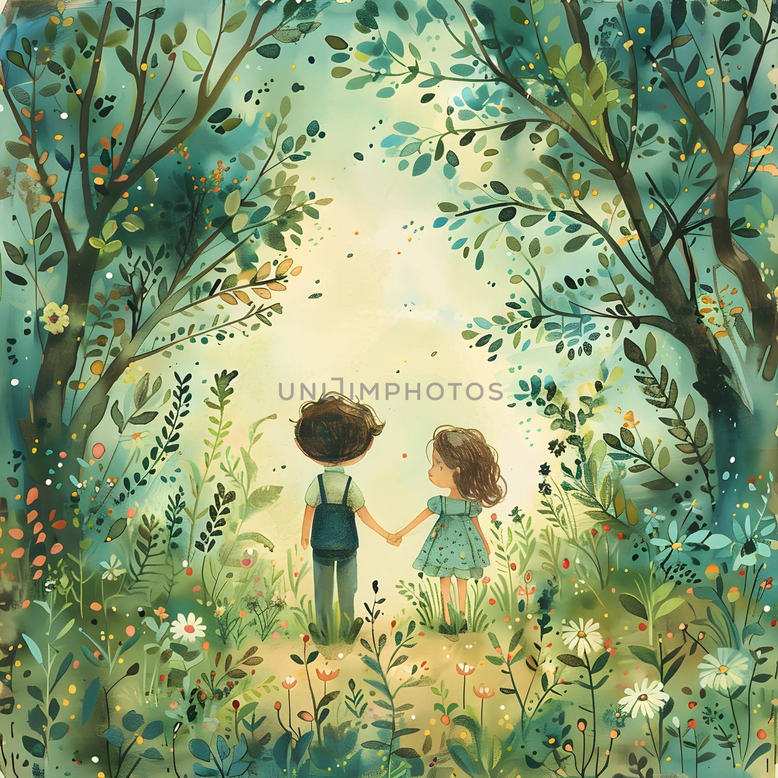 A boy and a girl hold hands in a green forest, surrounded by natural beauty by Nadtochiy
