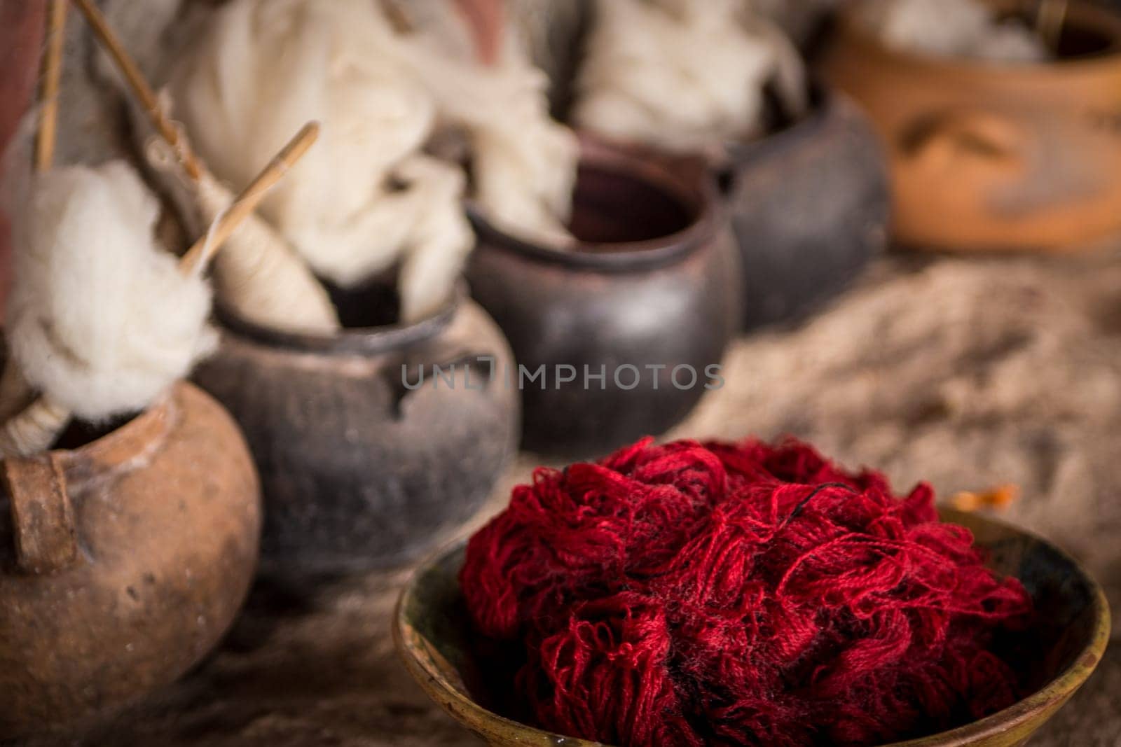 Freshly dyed red alpaca wool in Peru