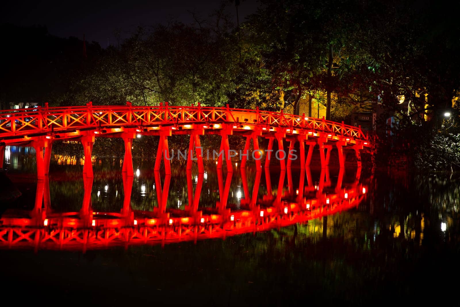 Huc Bridge in Hanoi, Vietnam at night