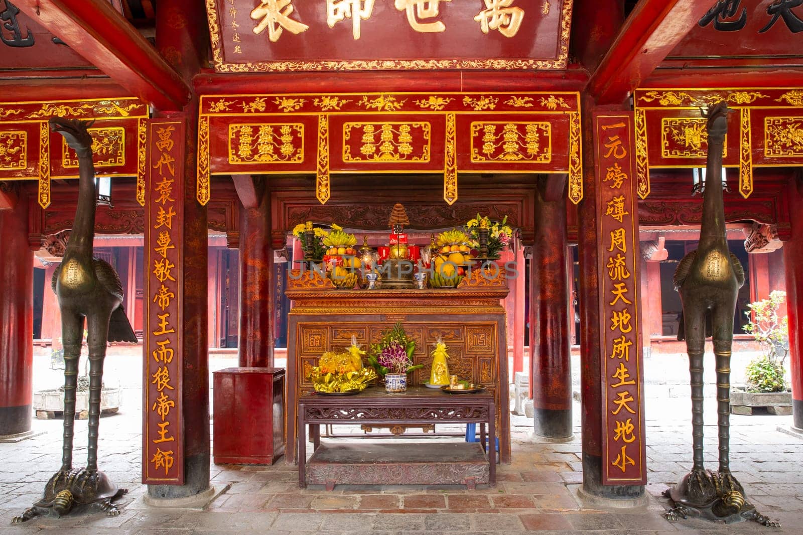 Traditional Vietnamese offerings det up at a temple