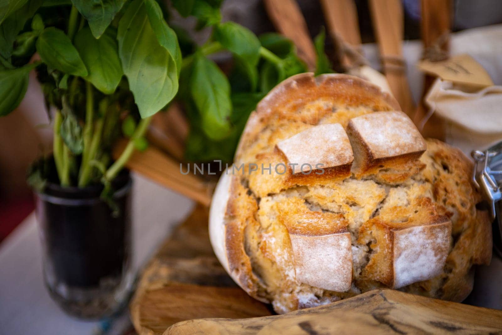 Homemade fresh sourdough bread on display