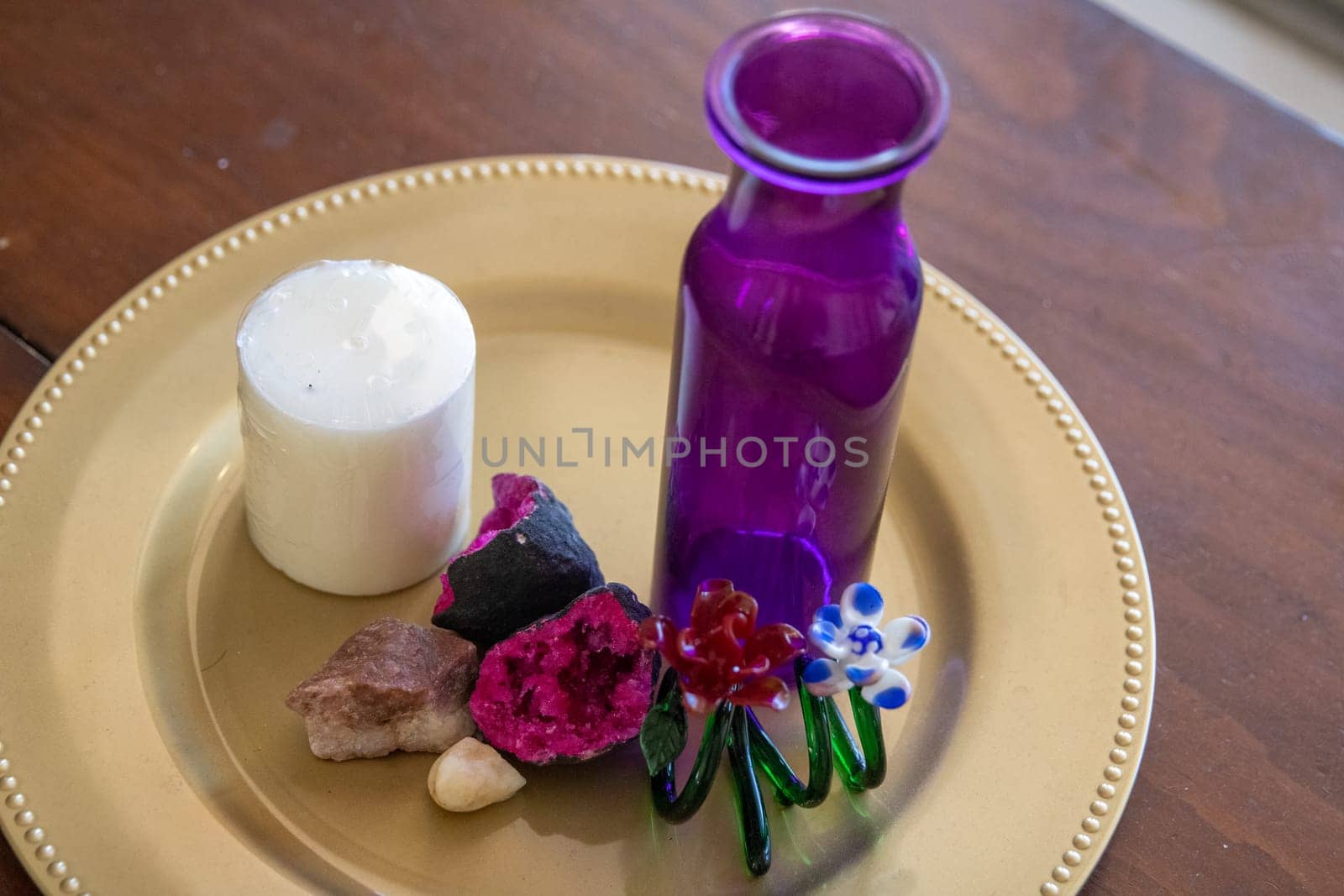 Simple spa set up with geodes and a candle