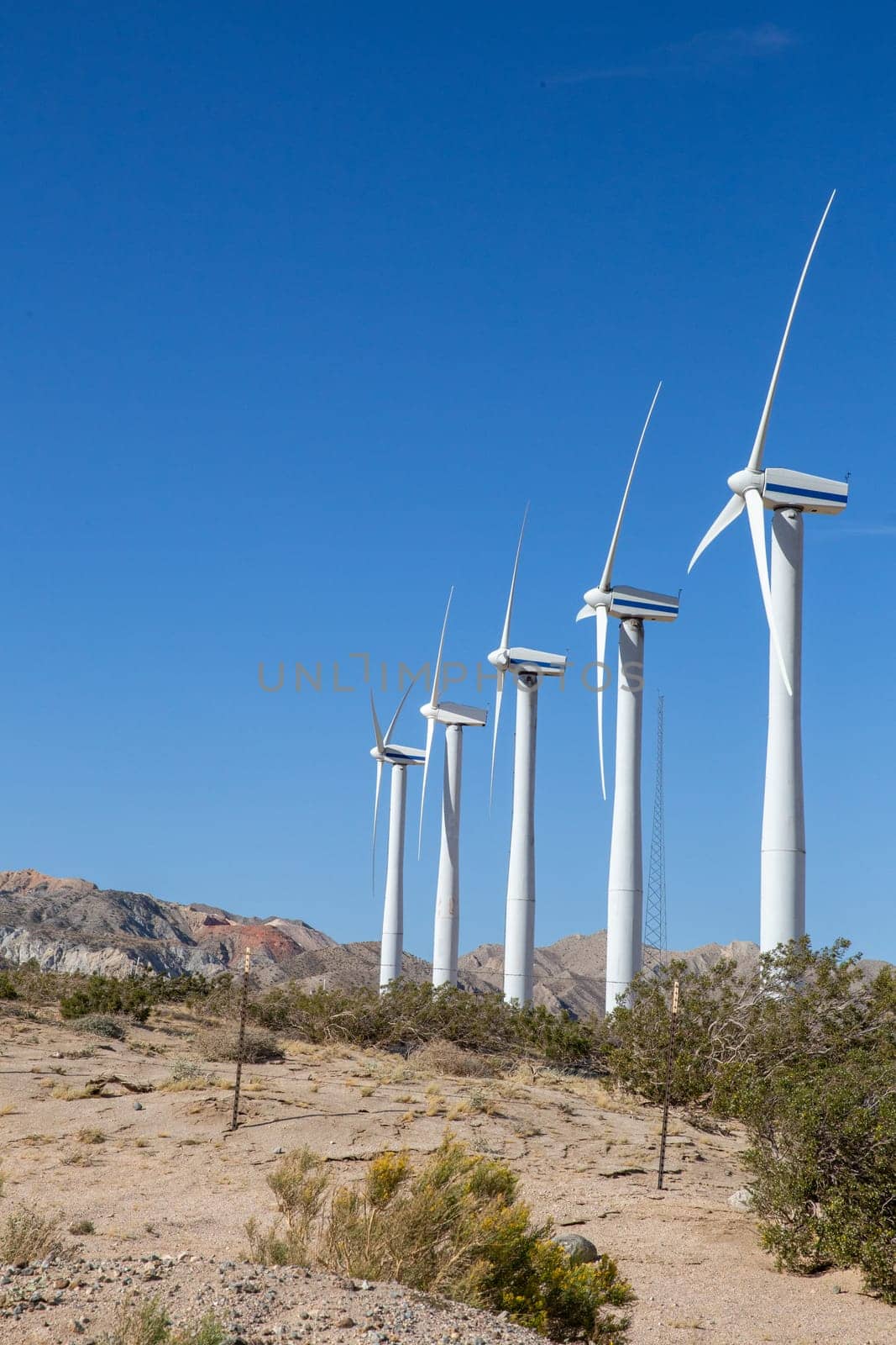 A Row of Wind turbines in the desert