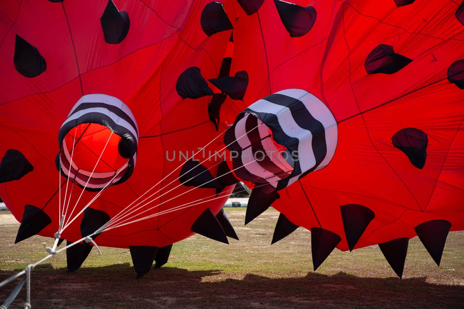 Two red kites being inflated for a festival