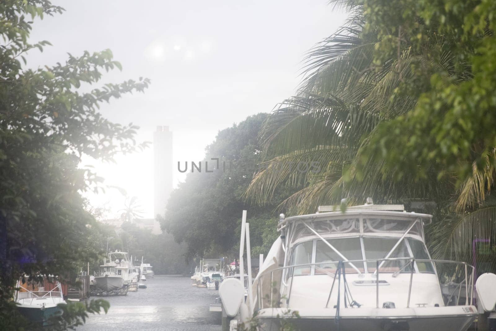 Boats docked during a  tropical storm