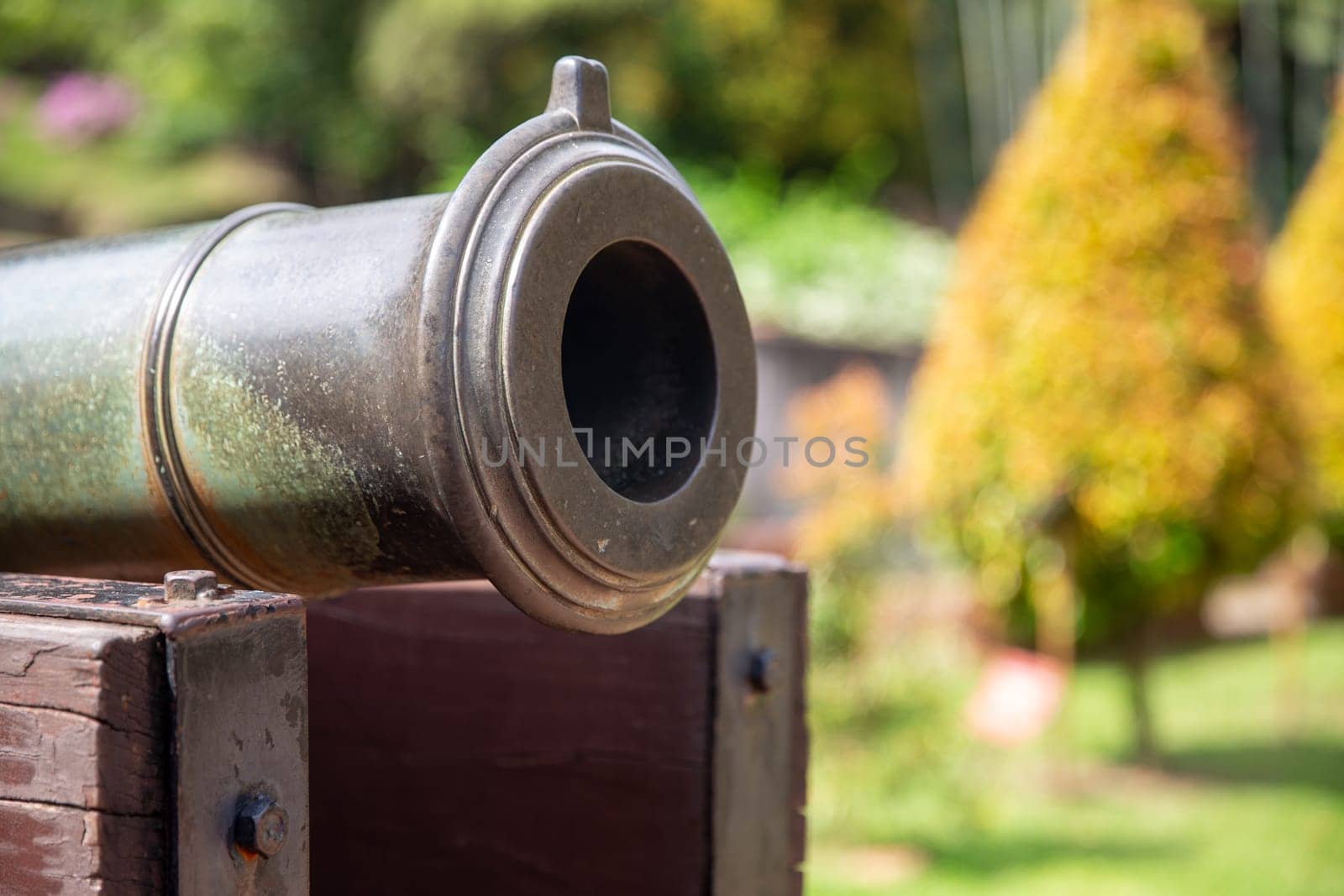 Military cannon on display with copy space