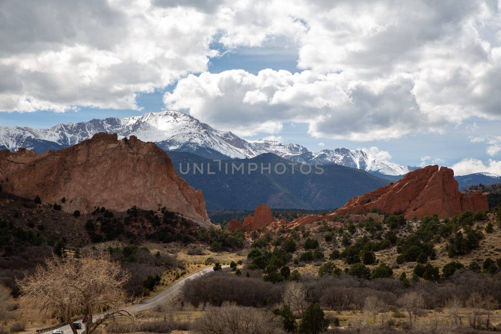 Garden of The Gods with Snowy Mountains in Colorado