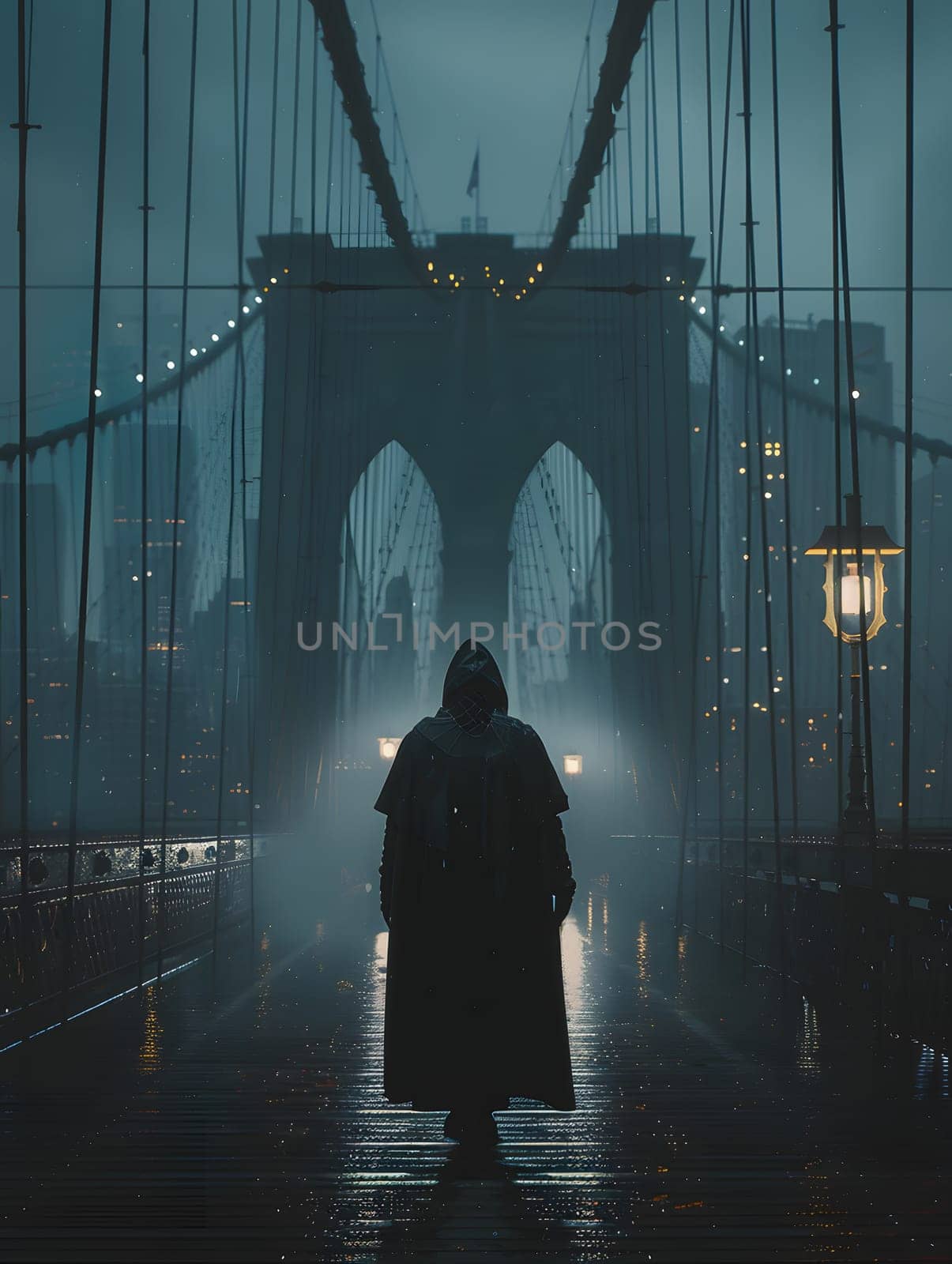 In the darkness, a figure in a hooded coat walks across the bridge in the rain by Nadtochiy