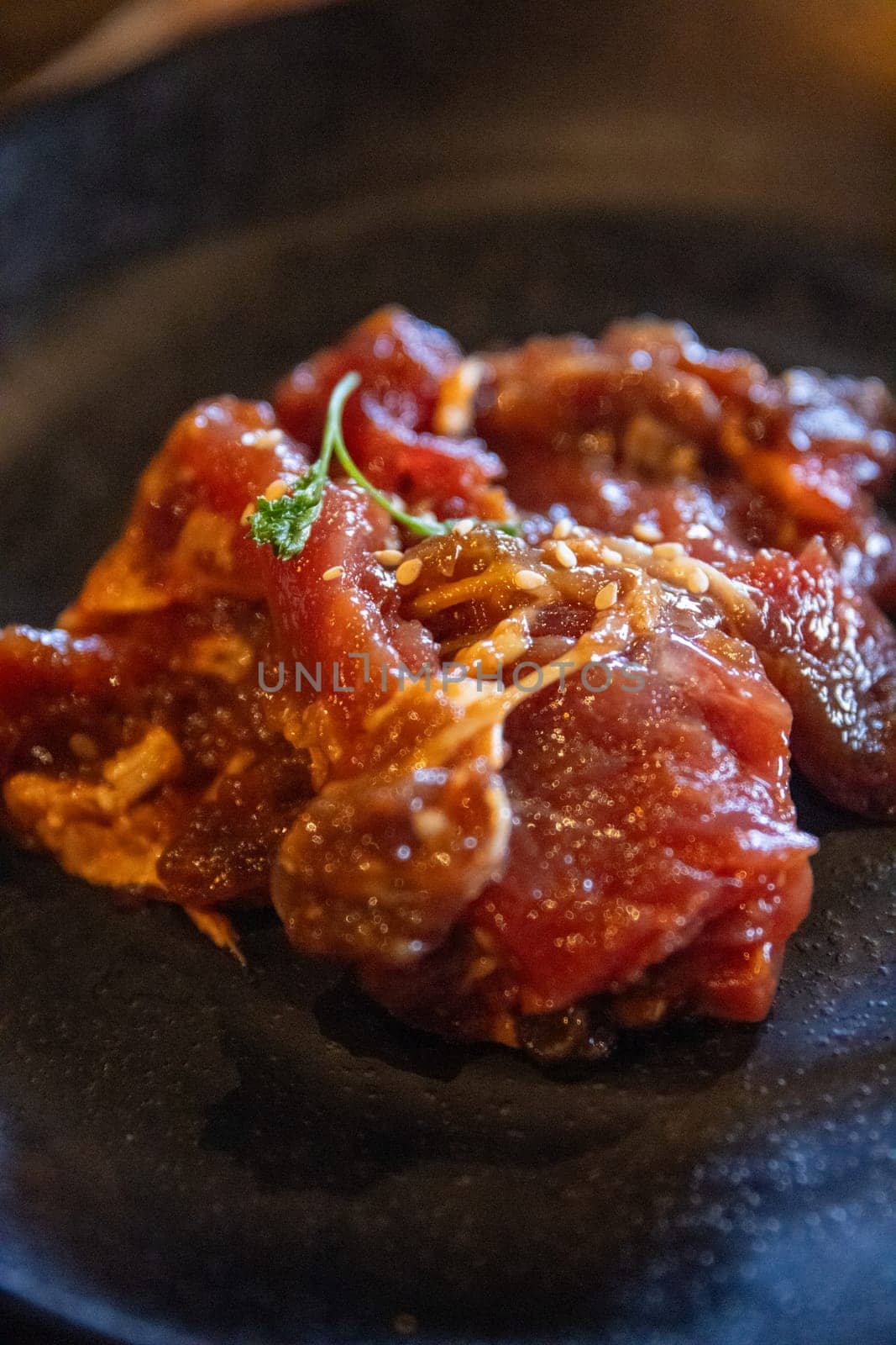 Marinated raw beef ready for grilling
