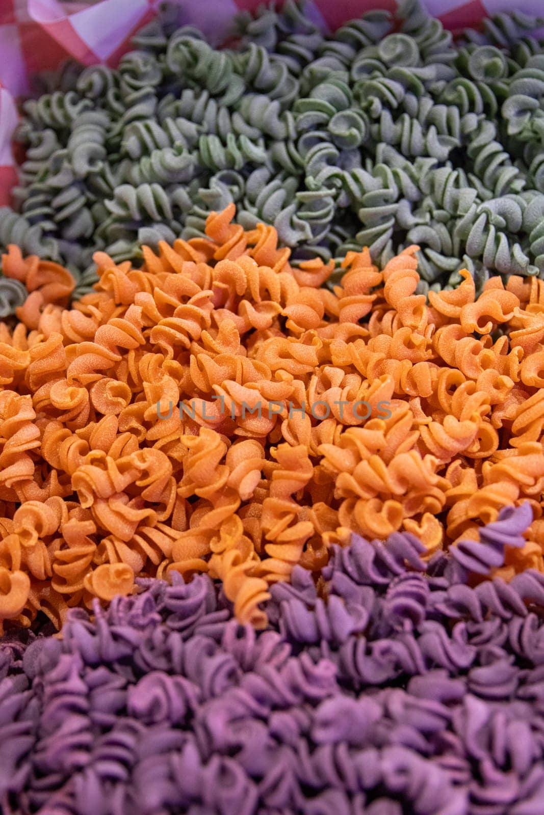 Tricolored Spiral Pasta at a market