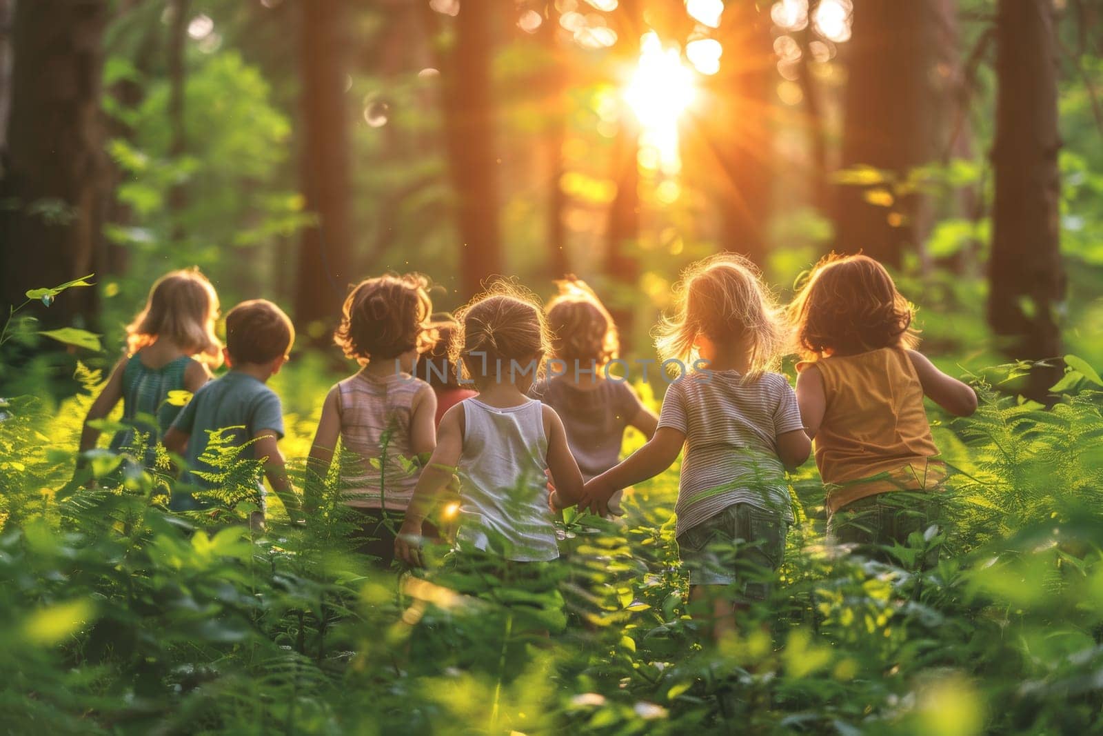 Group of Children Exploring Nature Together in Forest at Sunset