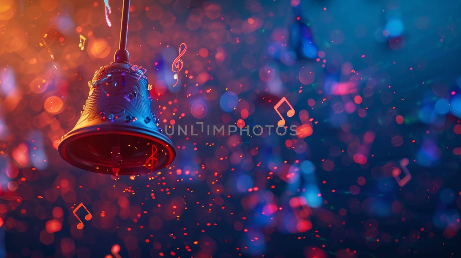 Golden Christmas Bell Ringing with Musical Notes, Confetti, and Bokeh Lights