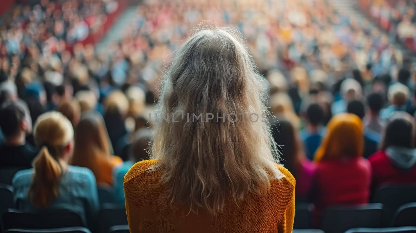 Woman Watching a Concert or Sporting Event in a Large Crowd of People