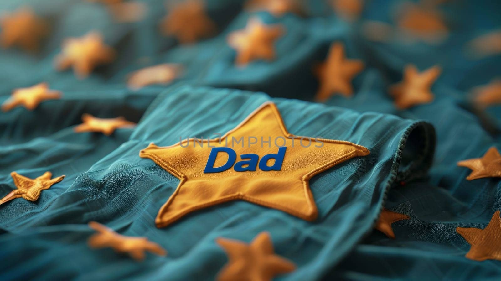 Dad Embroidered Gold Star on Blue Fabric with Stars for Fathers Day or Birthday