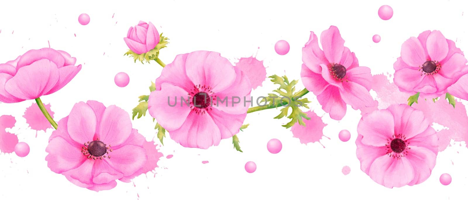 A seamless border featuring delicate pink anemones, adorned with rhinestones. watercolor illustration with soft water droplets and splashes. for embellishing wedding invitations, greeting cards.
