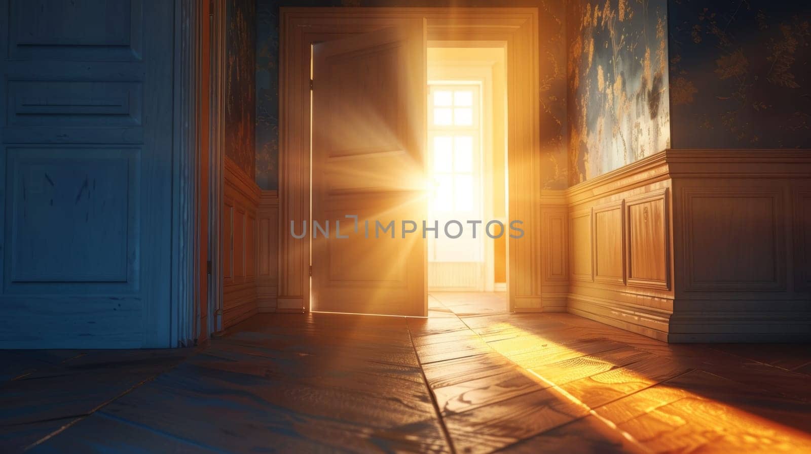 Sunlight Shining Through Open Doorway in Old Fashioned Home, Hope or New Beginnings Concept