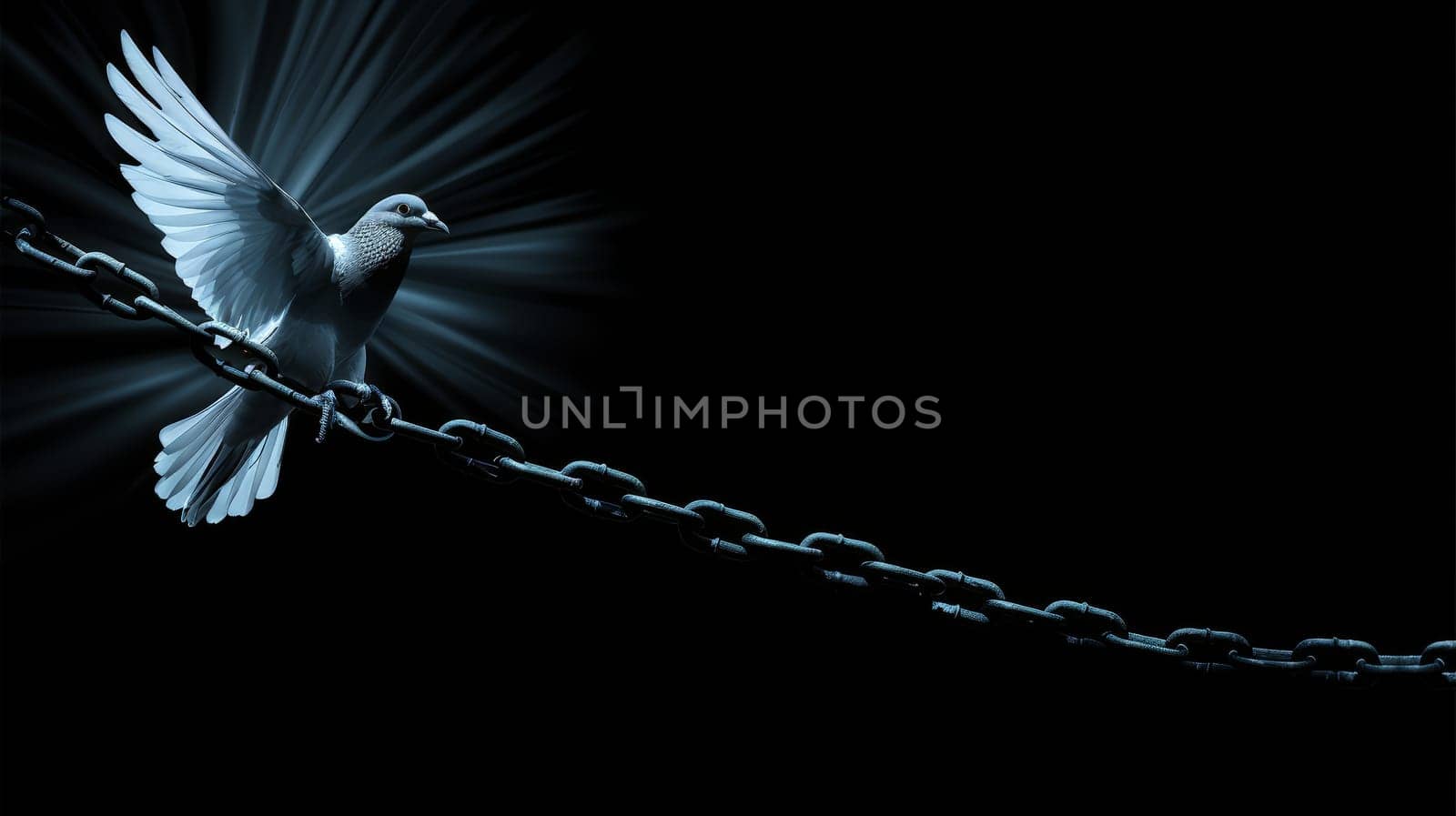 White Dove of Peace and Hope on Chain with Light Rays Breaking Through Darkness