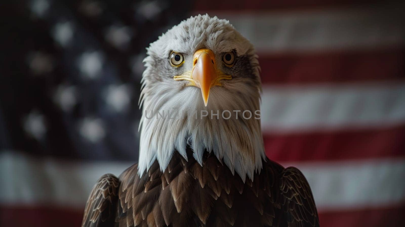 Majestic Bald Eagle Against American Flag. Symbol of Freedom and Patriotism