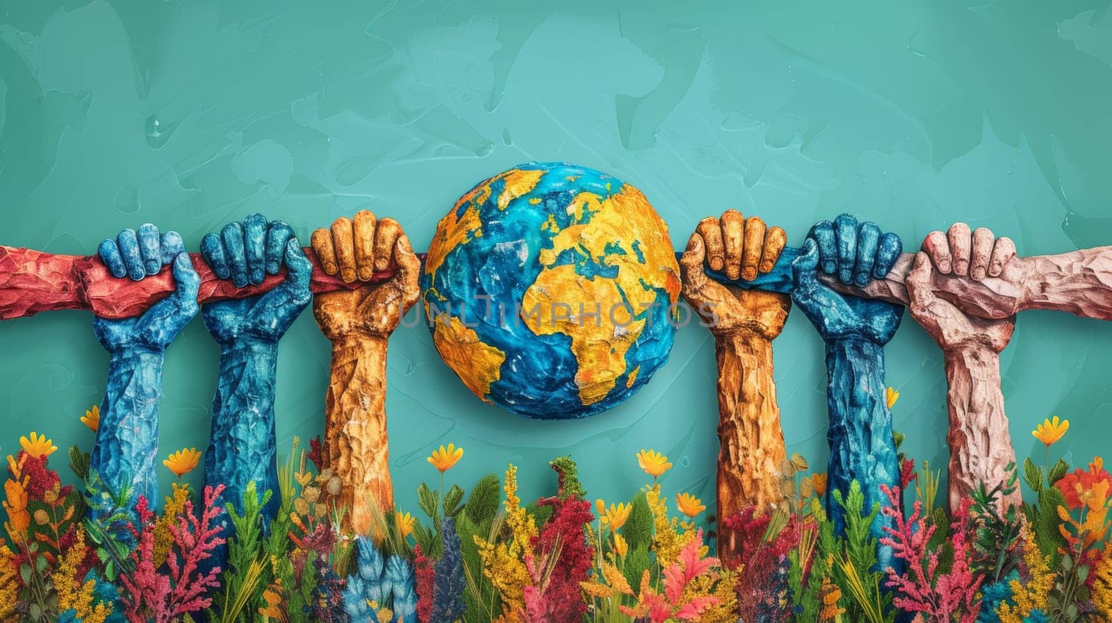 Diverse hands holding onto Earth for environmental protection and sustainability. Concept of world peace, unity and nature conservation.