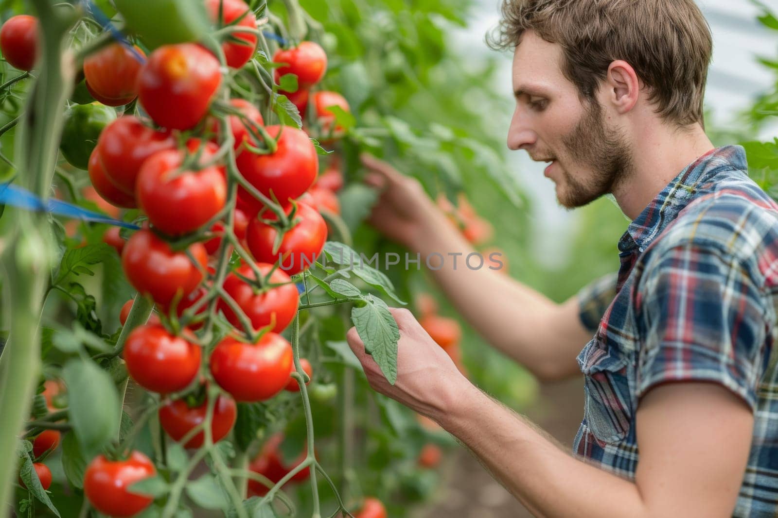 Young Farmer Inspecting Tomato Plants in Greenhouse. A Portrait of Sustainable Agriculture and Local Produce