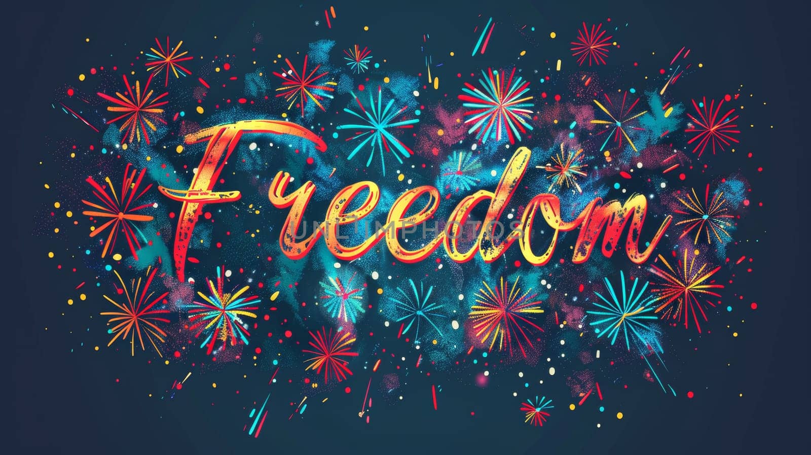 Freedom Text with Fireworks, Sparks, Smoke on Dark Background for Independence Day