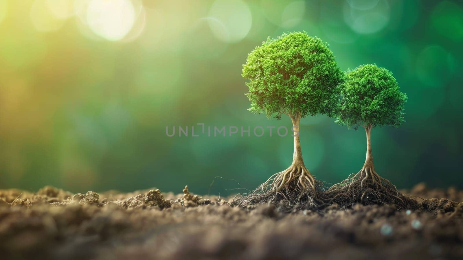 Two Young Trees Growing in Sunlight, Representing Growth, Environmentalism, and Sustainability
