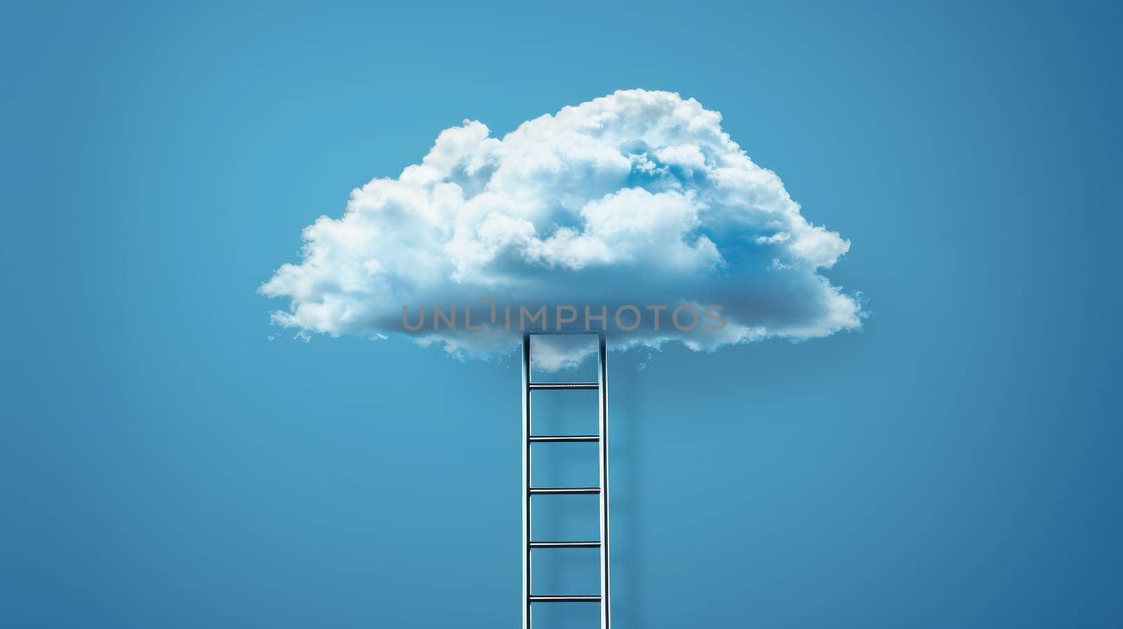 Ladder reaching fluffy cloud in blue sky, concept of ambition, goals, opportunity and success