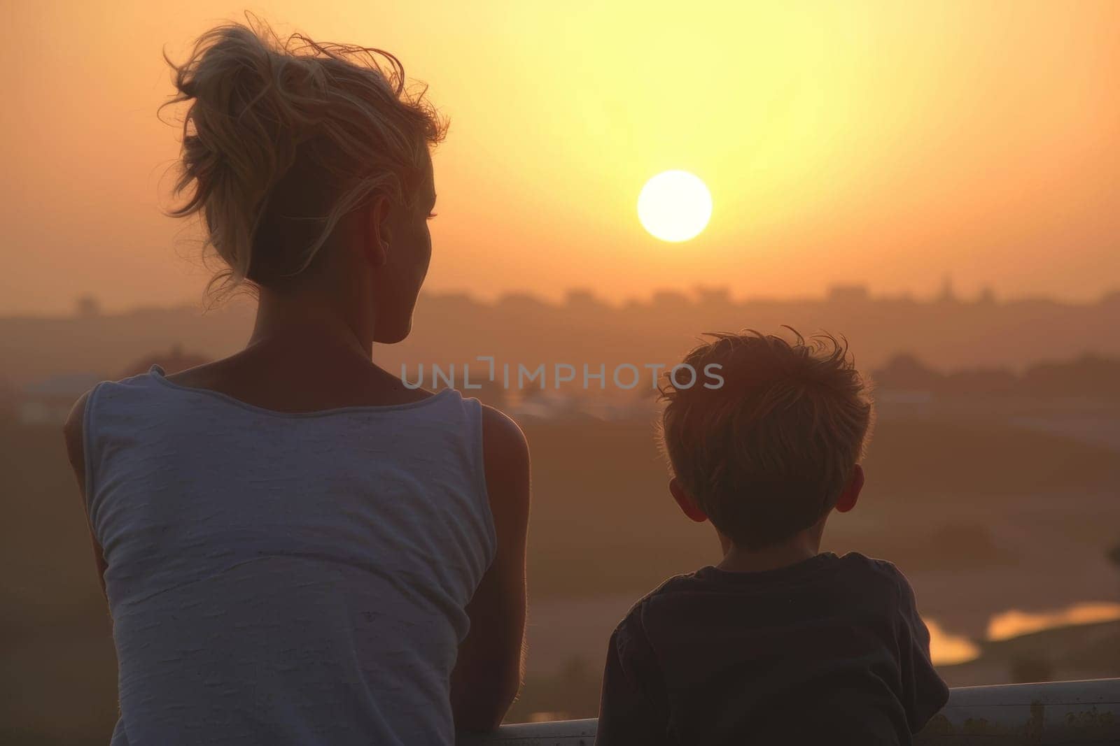 Mother and son watching sunset together, enjoying quality time and creating memories.