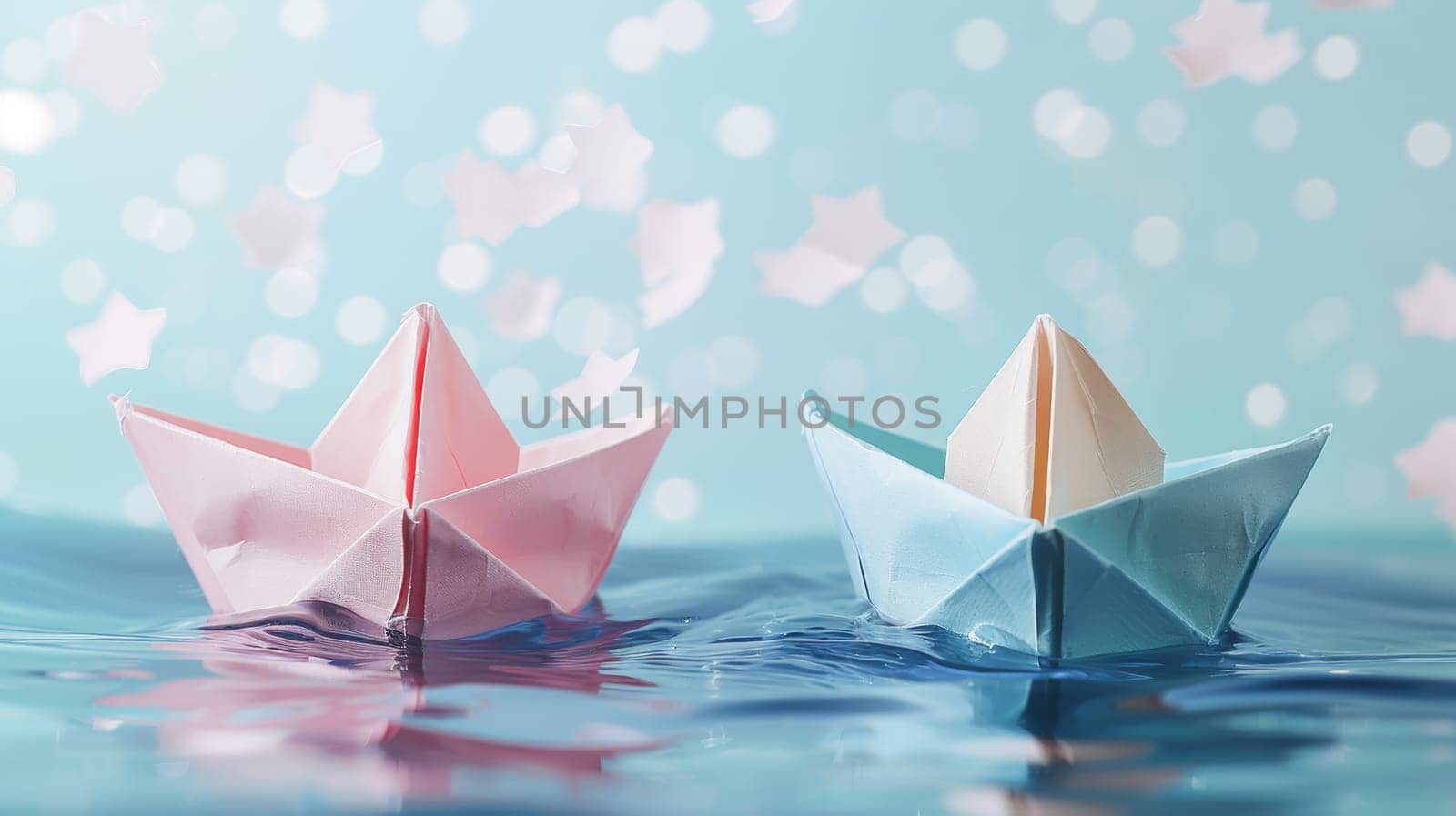 Origami paper boats sailing on tranquil waters with bokeh background. Concept of imagination, adventure, dreams, and serenity