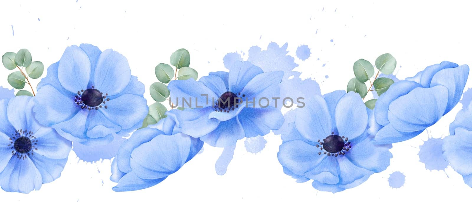 A seamless border featuring delicate blue anemones and eucalyptus leaves. watercolor illustration for digital backgrounds, scrapbooking stationery design or social media graphics by Art_Mari_Ka