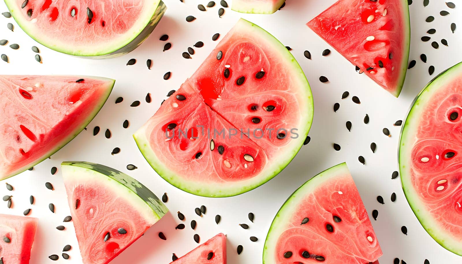 slices of watermelon on a white surface with black seeds by Nadtochiy