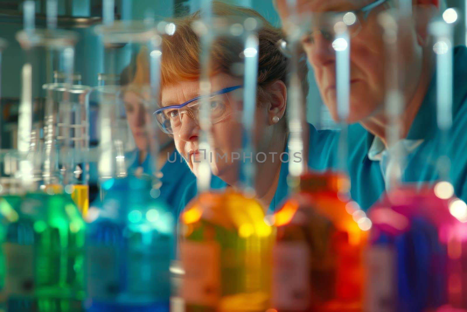 Senior female scientist working with liquids in test tubes, conducting experiment in laboratory. Team of researchers developing new drugs and analyzing chemical reactions
