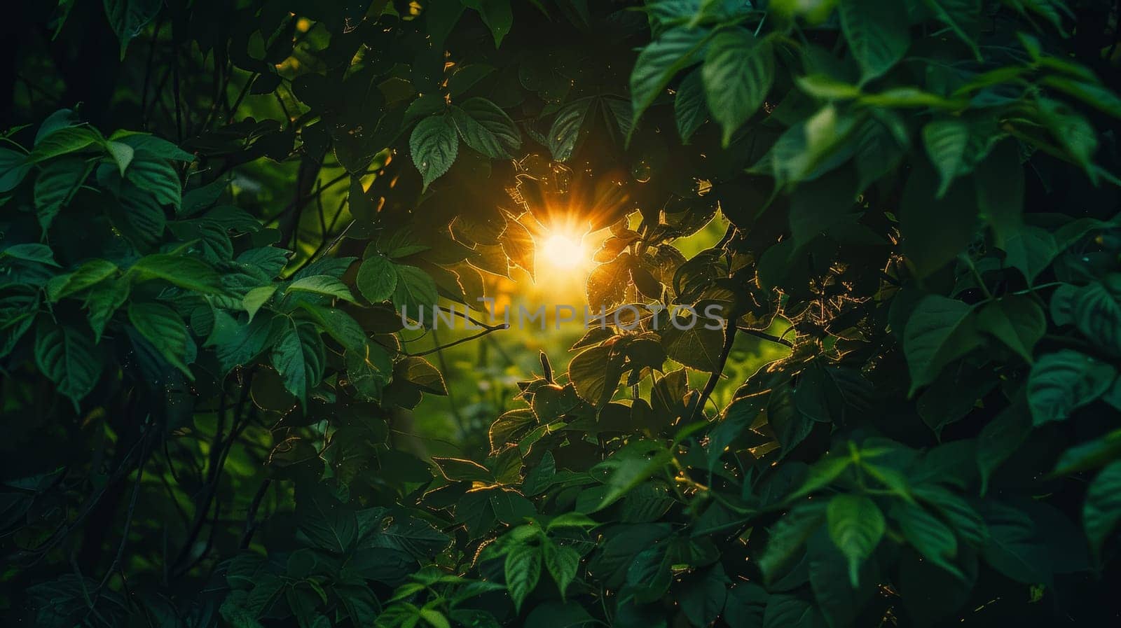 Bright Sun Shining Through Green Leaves and Branches in Forest