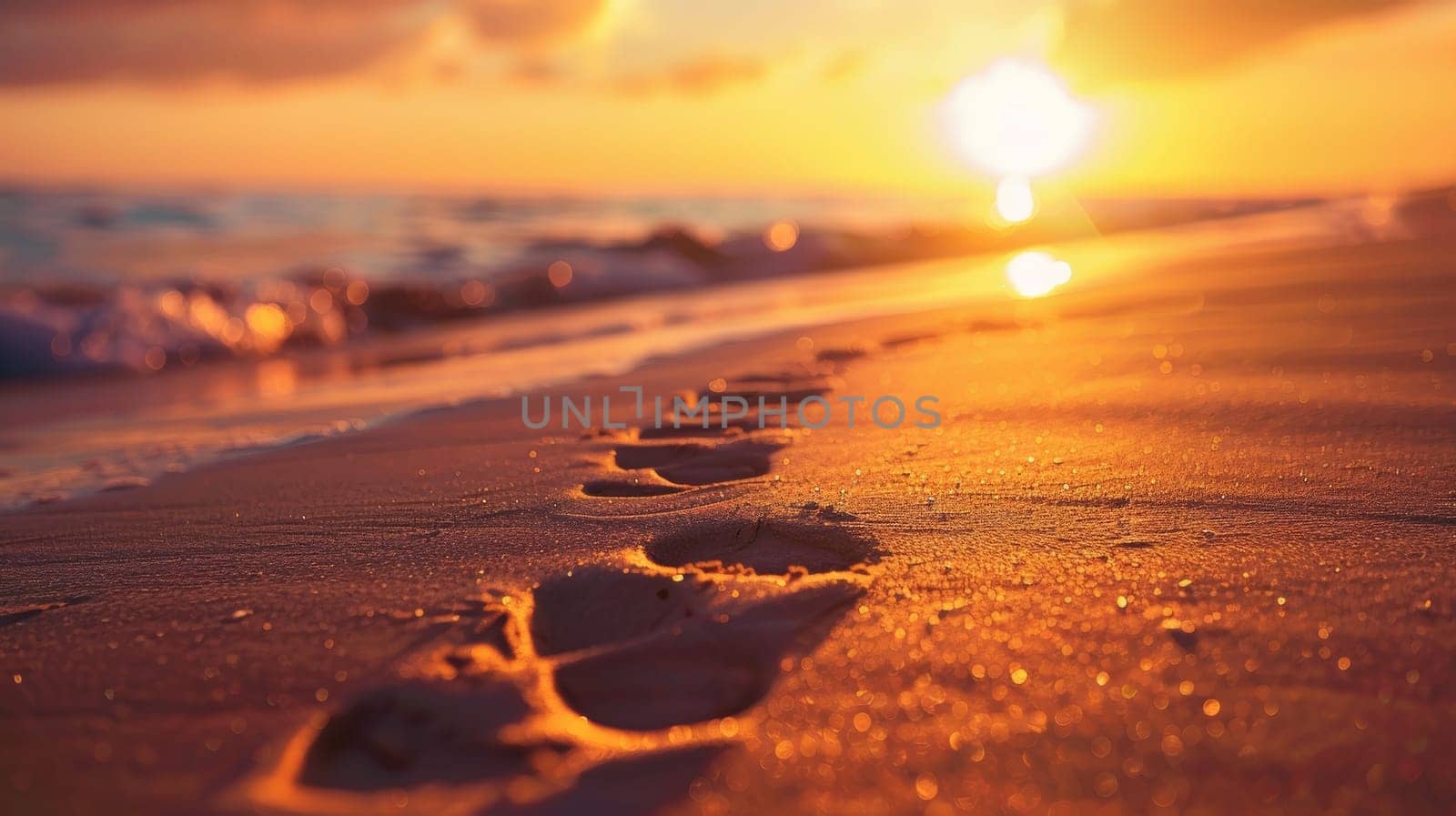 Serene Sunset Beach Footprints, Waves Lapping Golden Sandy Shore, Tranquil Coastal Scenery