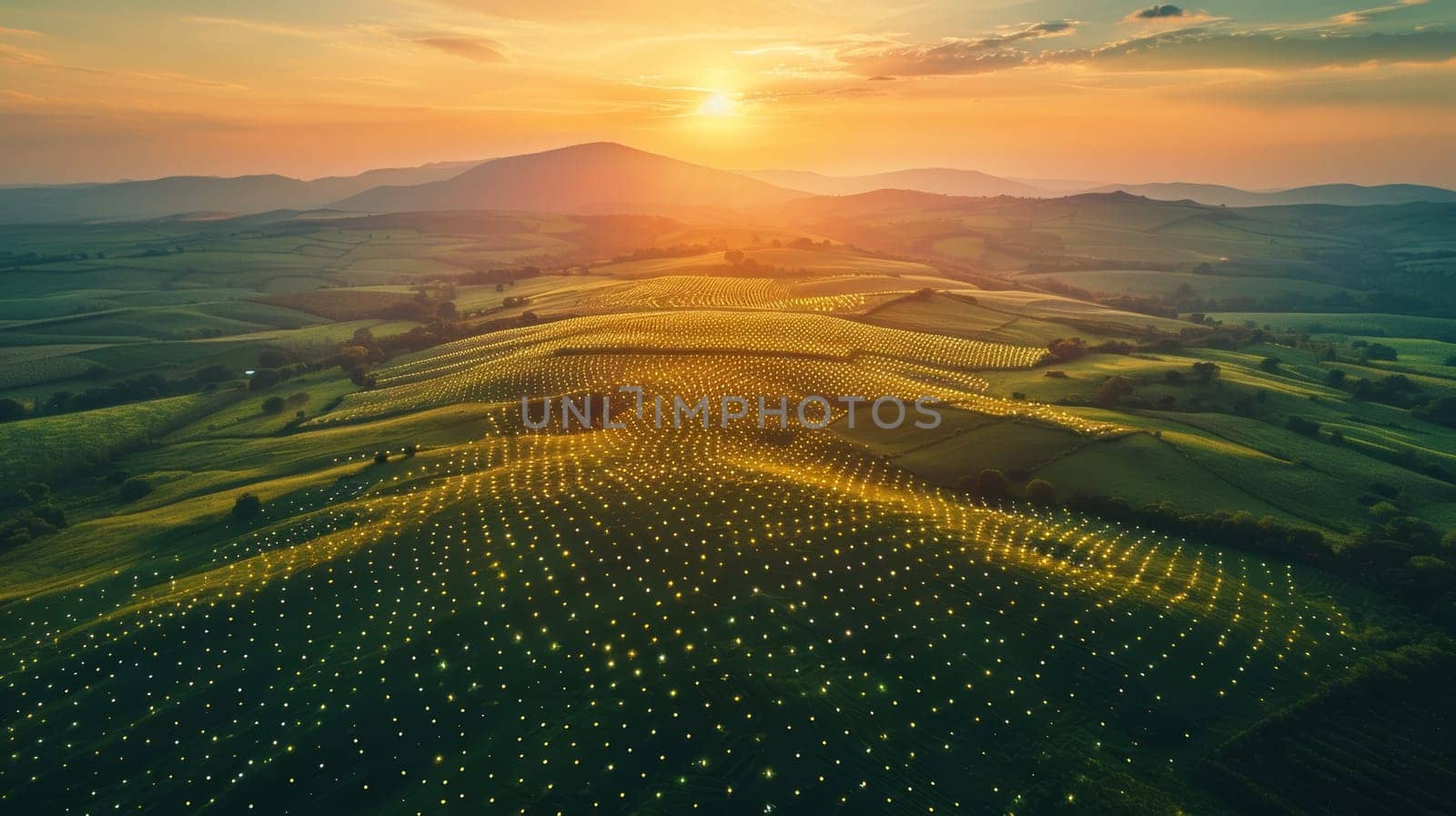 Sunset Over Rolling Hills with Orchards of Fruit Trees in Springtime